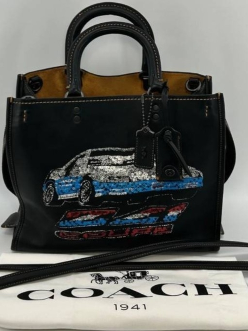 RARE Coach Rogue 30 Satchel Embellished with Sequin Coupe Car Graphic